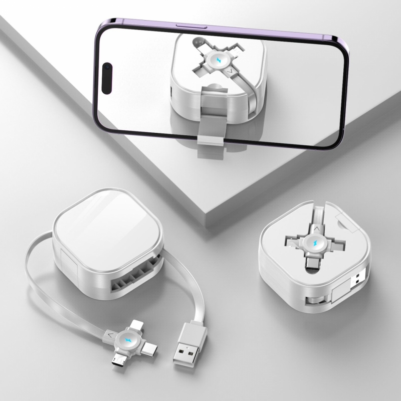 三合一伸縮快充線 USB 收納支架 帶燈夜用 Lightning/Type-C/Micro USB